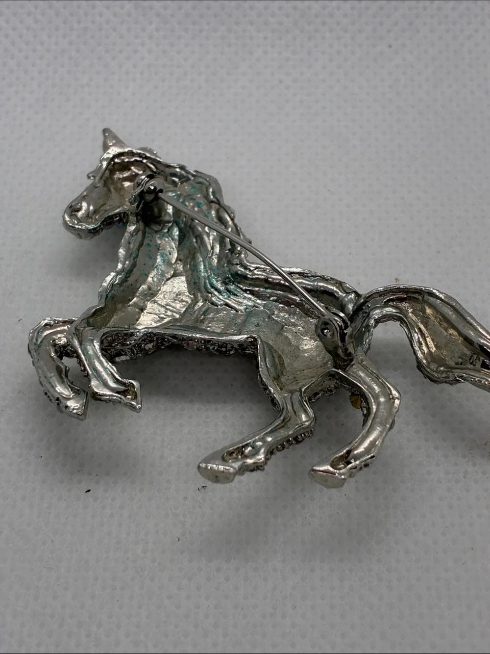 Aurora Crystal Horse Brooch - Silver Tone